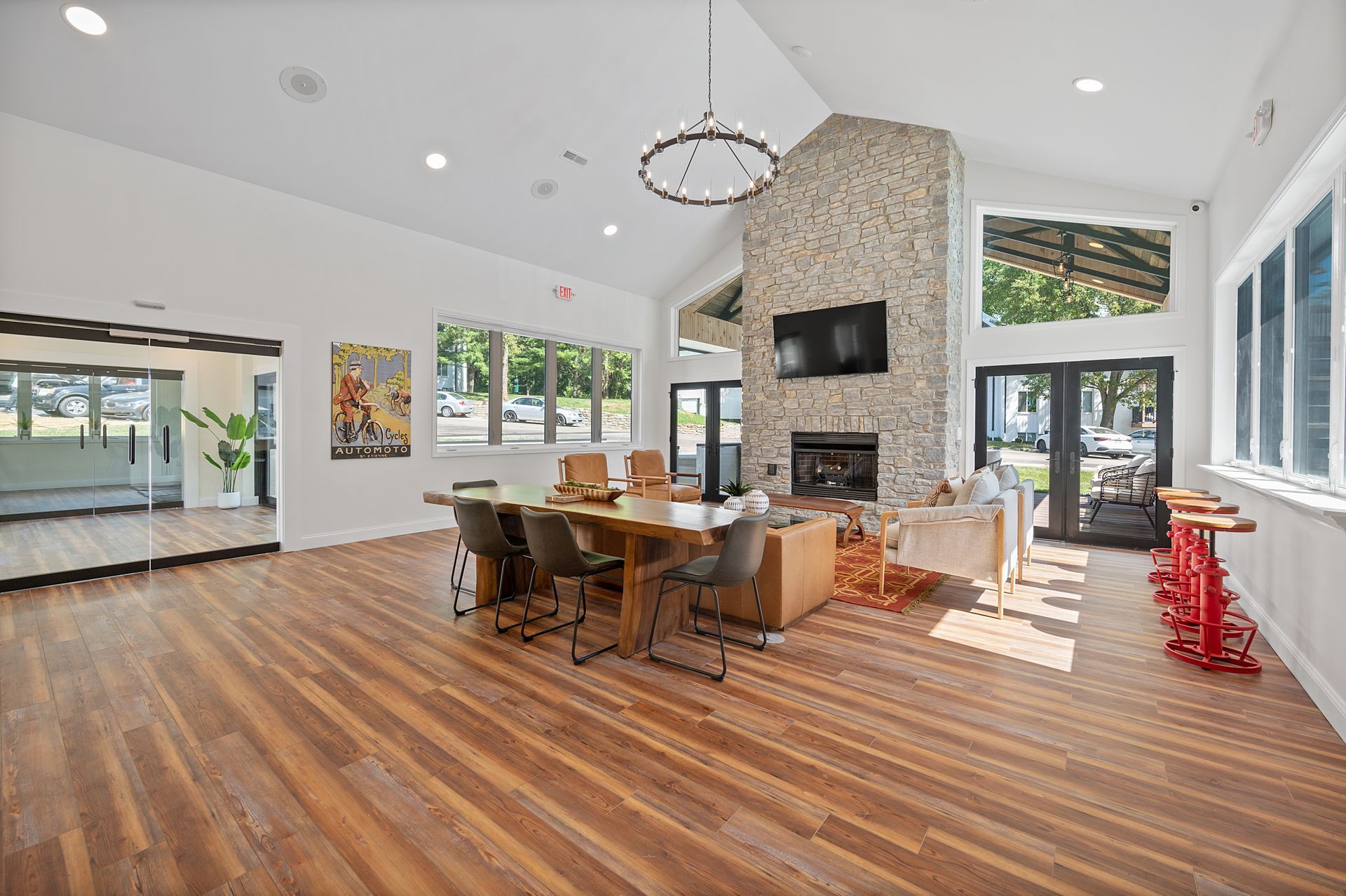 image of the clubhouse room with seating and fireplace
