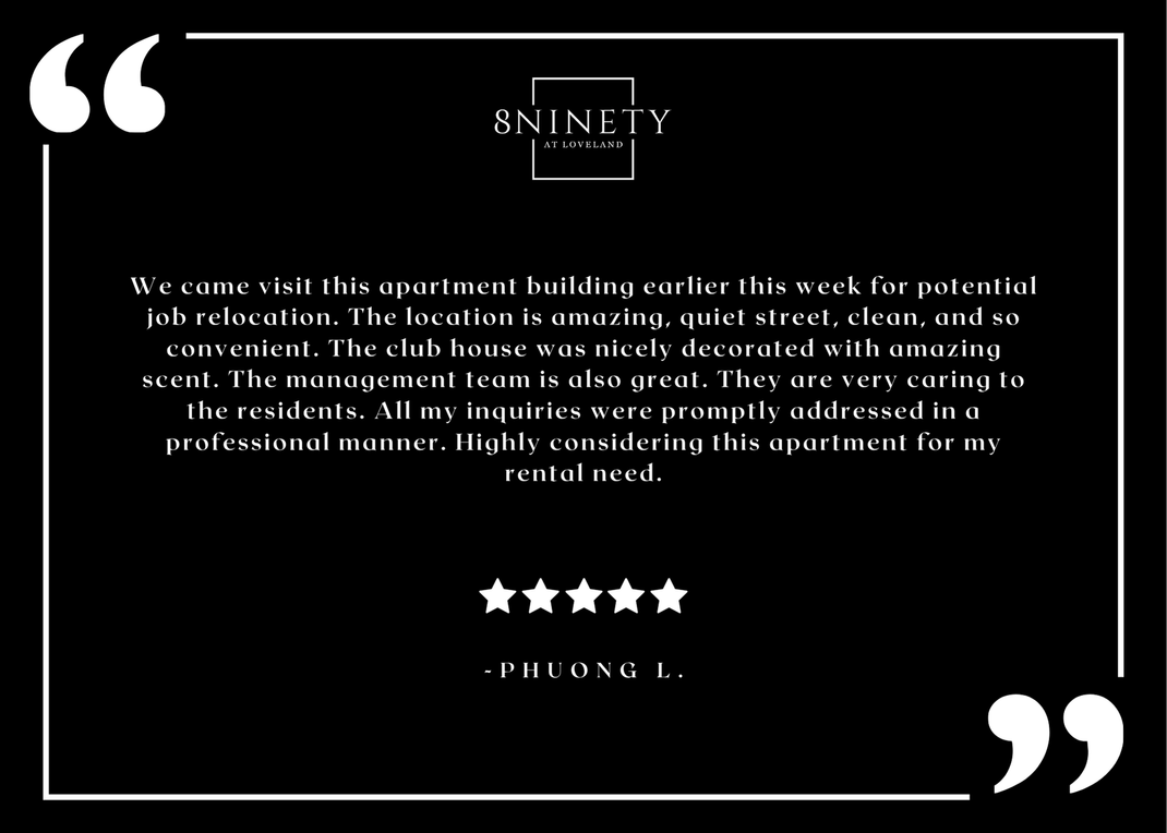 8Ninety at Loveland resident testimonial graphic with logo and five-star review.