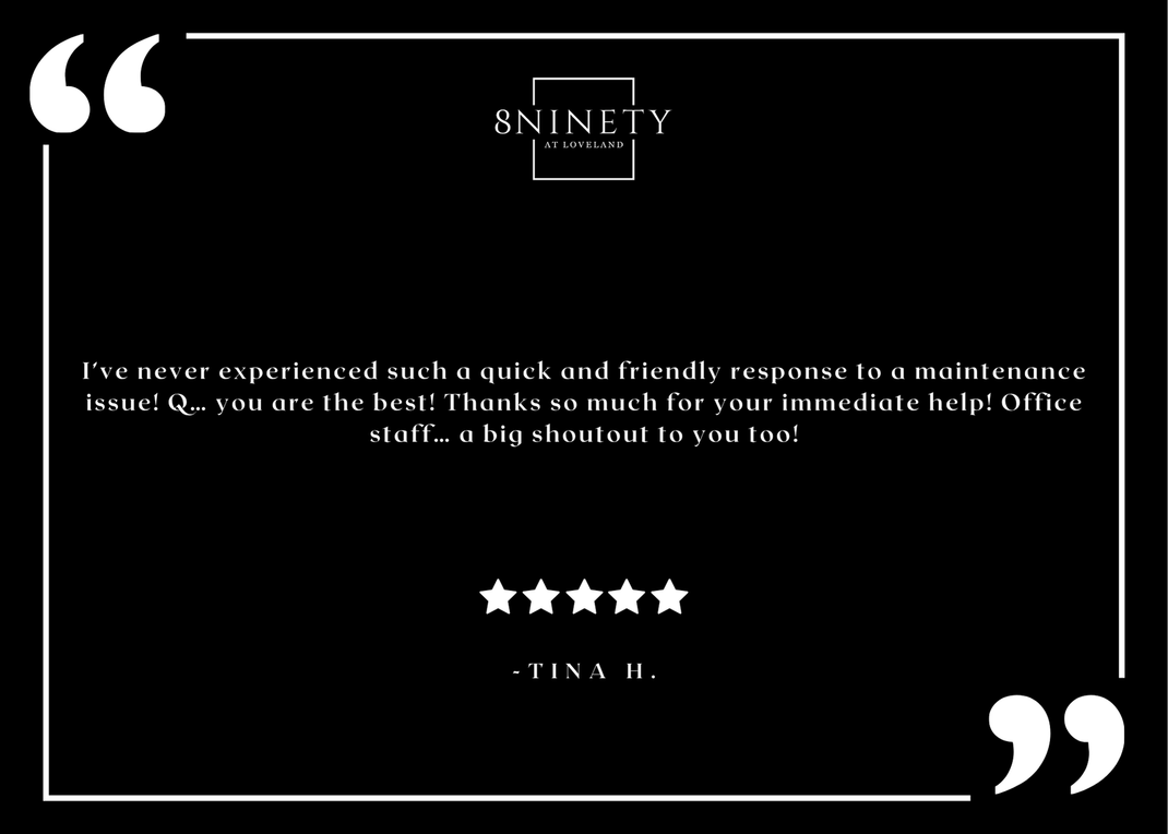8Ninety at Loveland resident testimonial graphic with logo and five-star review.