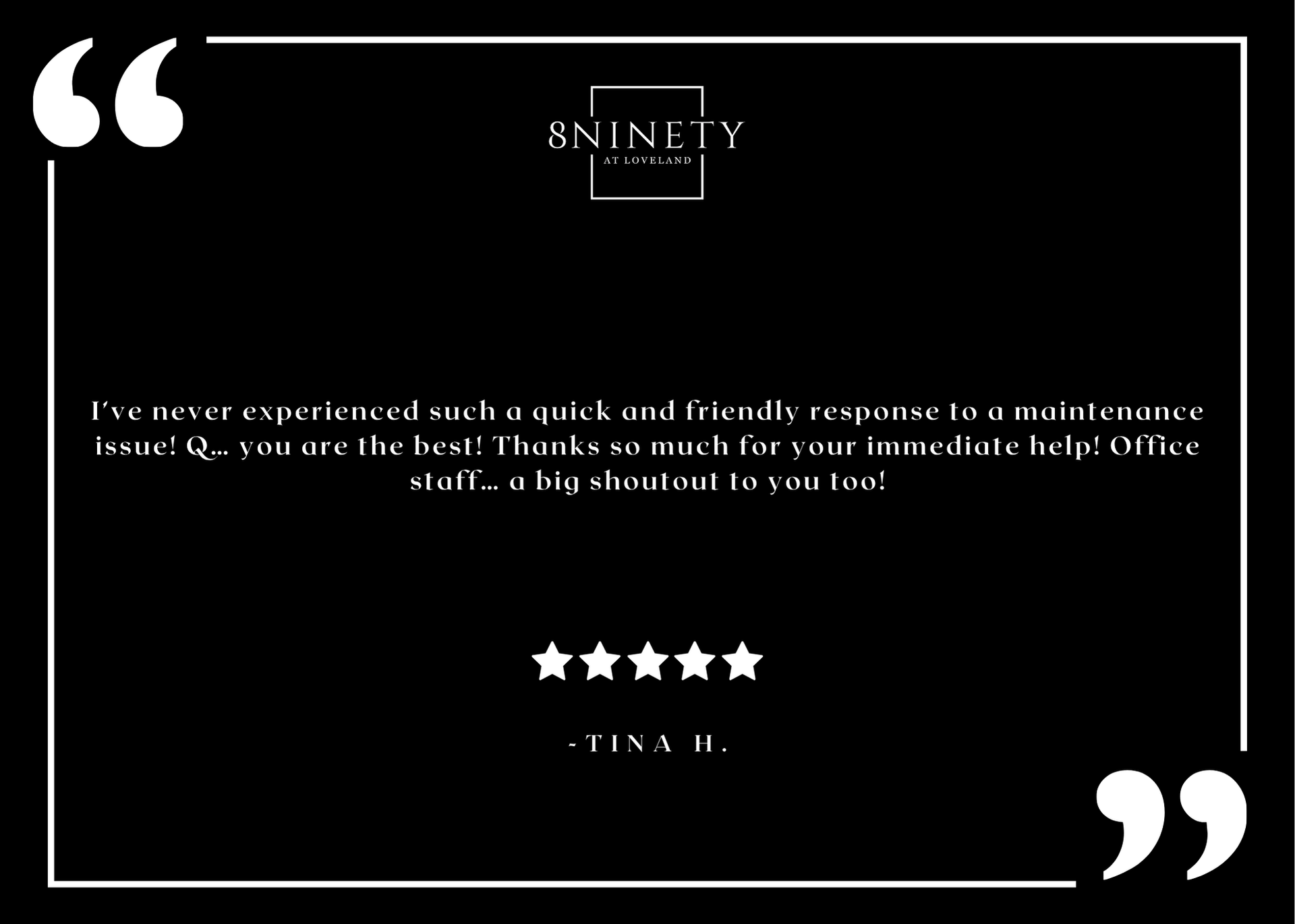 8Ninety at Loveland resident testimonial graphic with logo and five-star review.