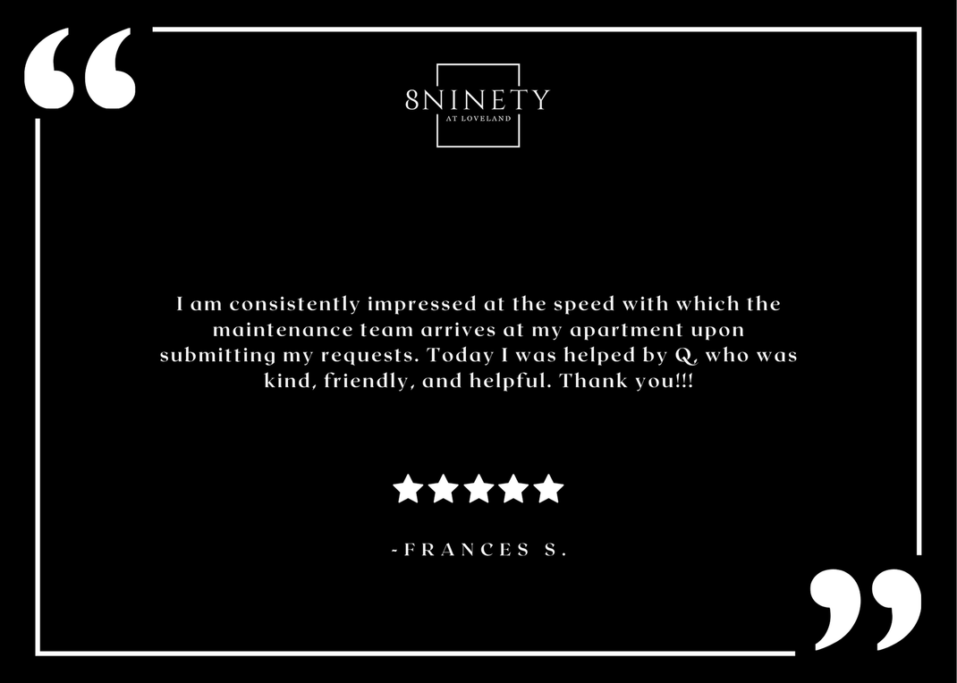 8Ninety at Loveland resident testimonial graphic with logo and five-star review.