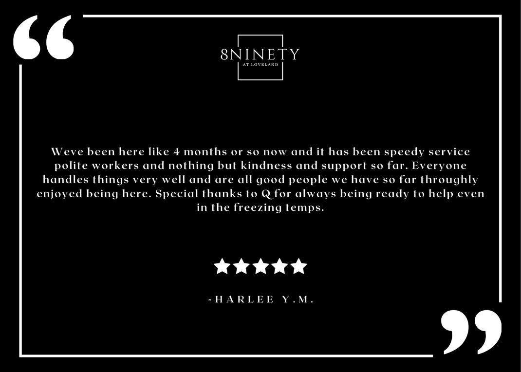 8Ninety at Loveland resident testimonial graphic with logo and five-star review.