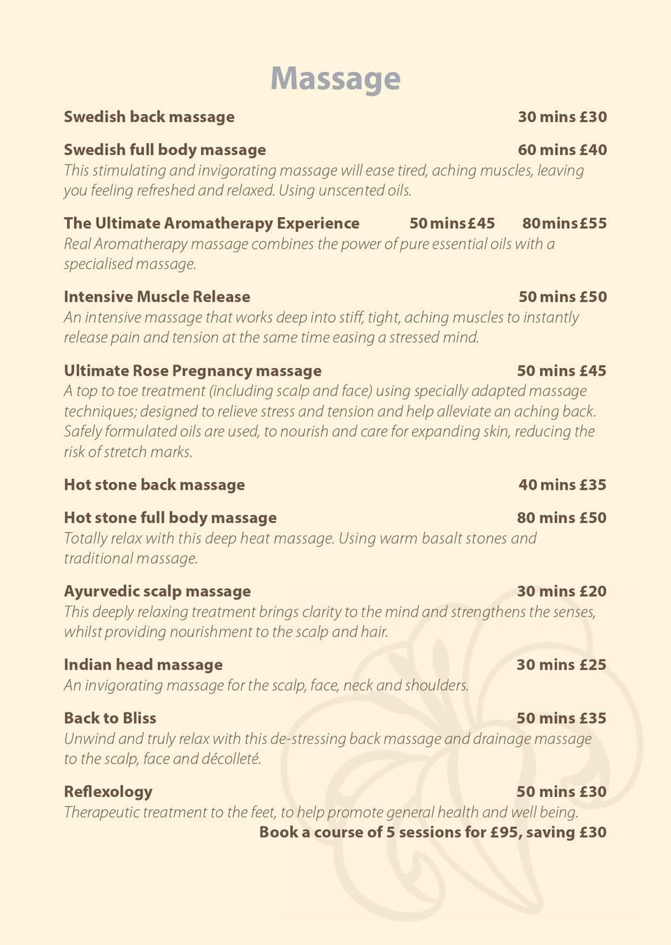 Massage treatments price list