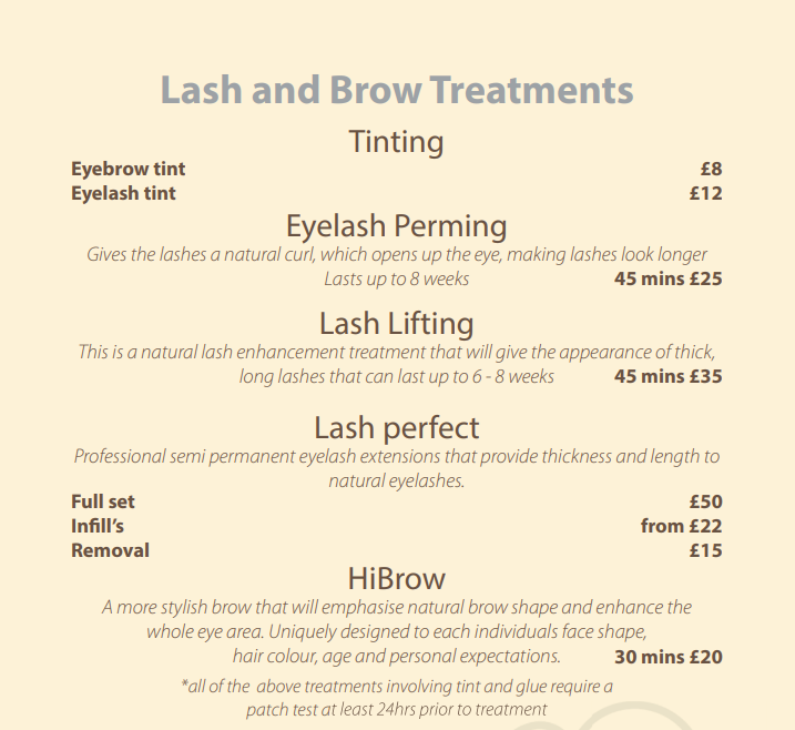 lash and brow treatment price list