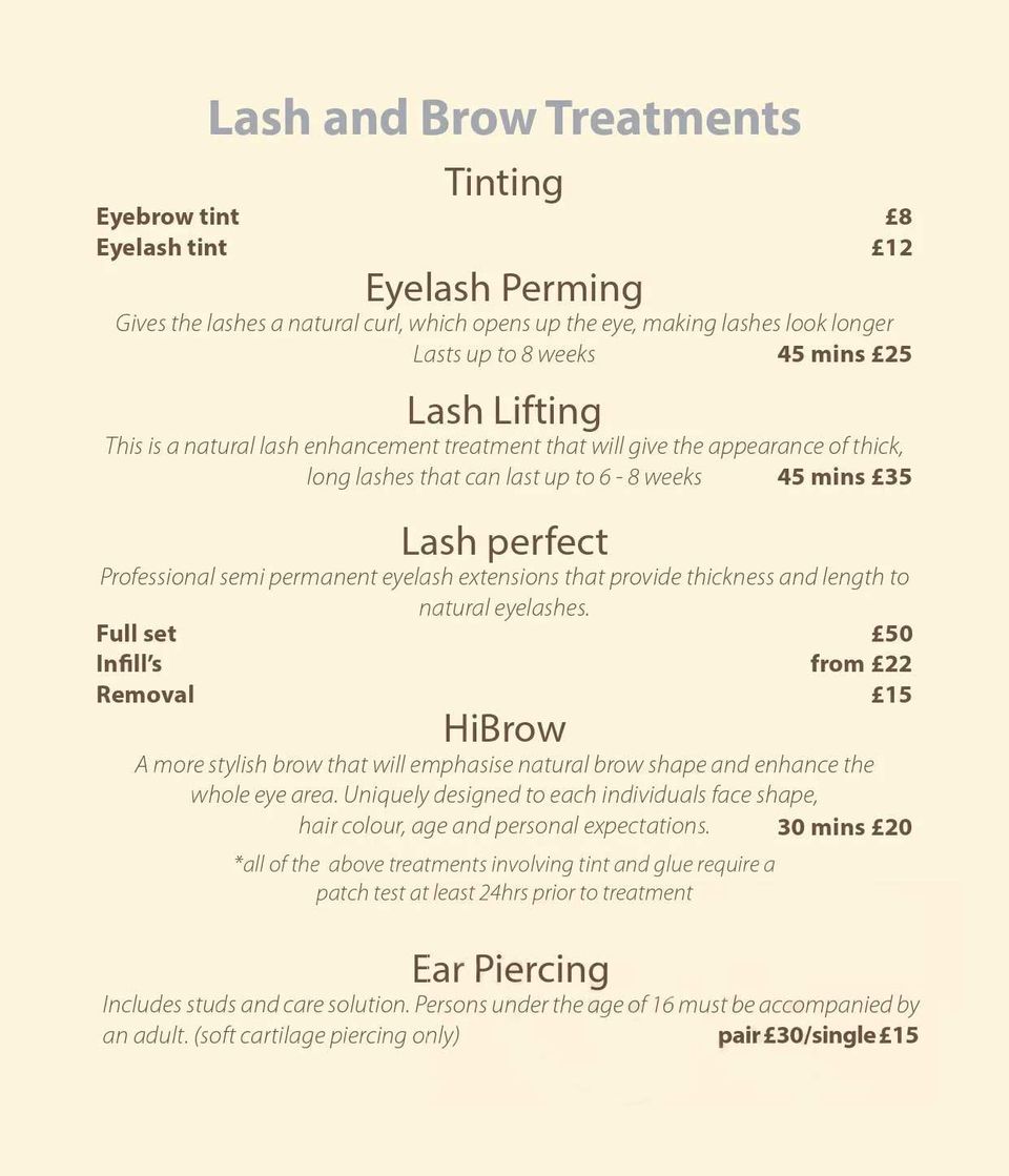 lash and brow treatment price list