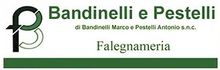 Logo per Bandinelli e Pestelli, azienda di falegnameria. Presenta le iniziali "B" e "P", verde scuro e chiaro, testo su sfondo verde.