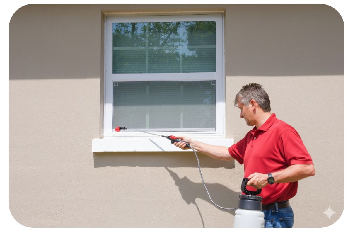 Man spraying insecticide on exterior window, building facade.