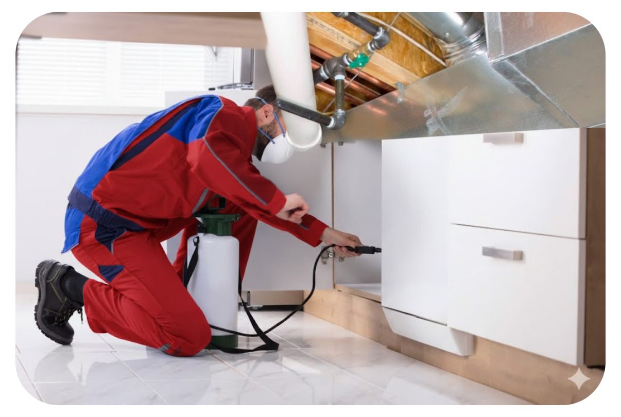 Pest control worker spraying under white cabinets in a kitchen; cloase-up of ventilation above.