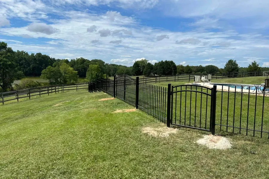 Black metal fence surrounds a grassy yard with a pool. Green trees and a cloudy blue sky in the background.