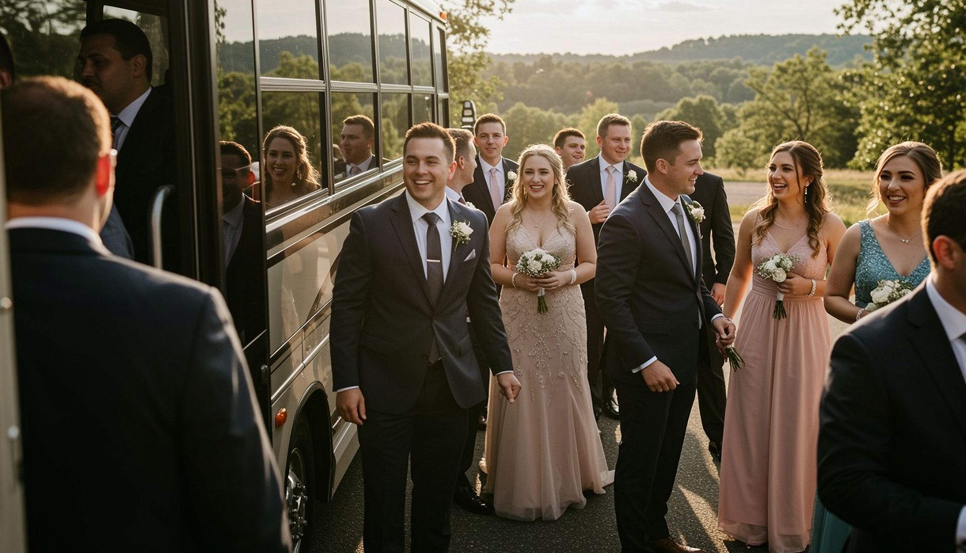 Wedding party exiting a bus in a rural setting; bride in a sparkly gown, bridesmaids, and groomsmen.