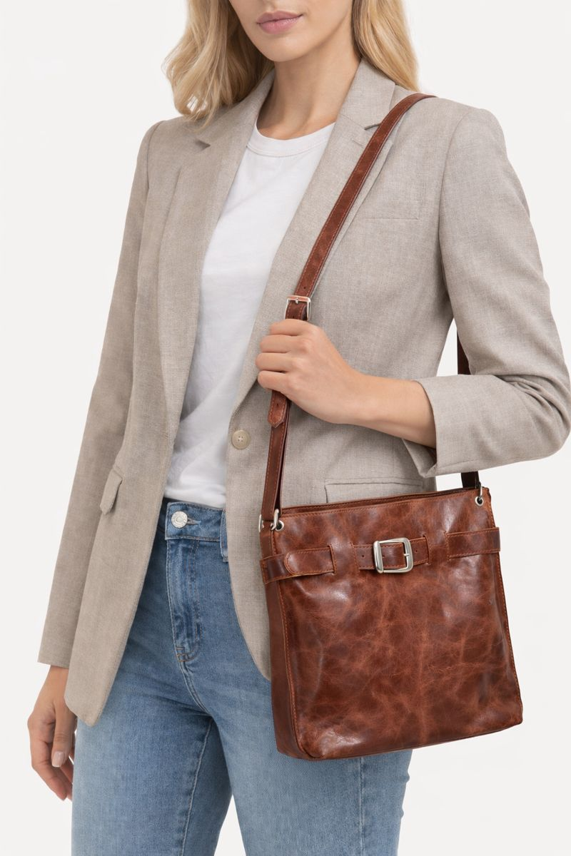 Handgemaakte leren shopper damestas in cognackleur