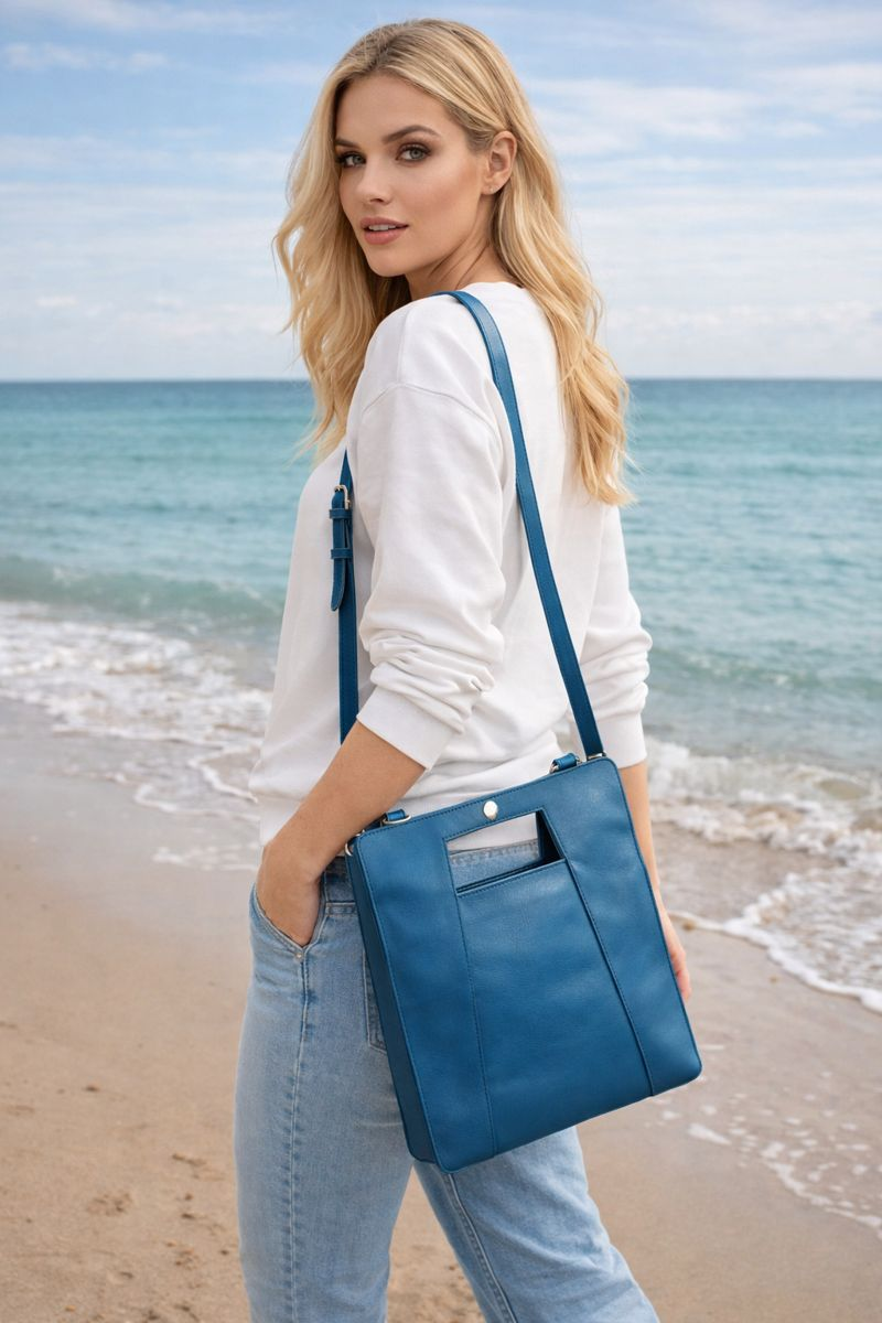 Handgemaakte turqoise leren shopper damestas