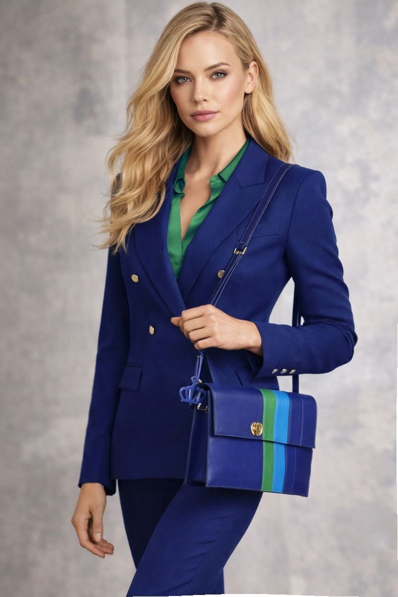 Handgemaakte leren damestas in donkerblaue met turqoise en groen