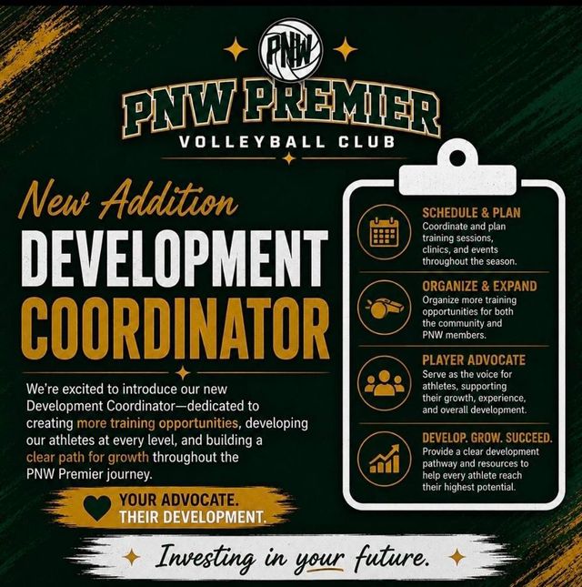 PNW Premier Volleyball Club hiring graphic for Development Coordinator, black and gold with job duties listed