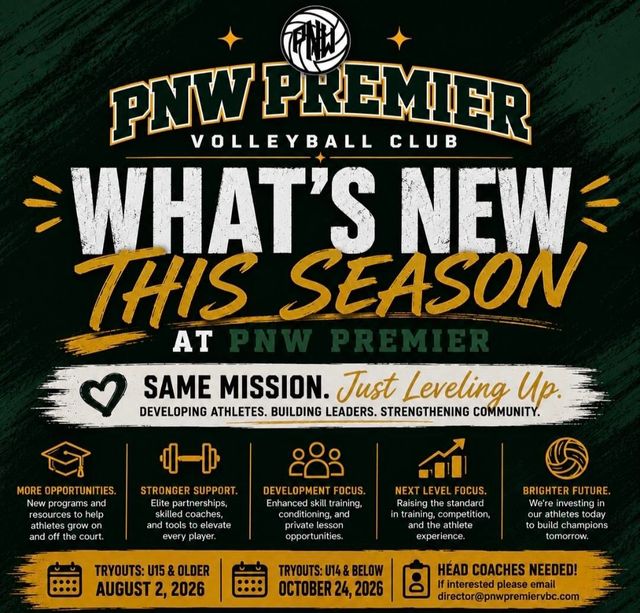 PNW Premier volleyball club flyer: “What’s New This Season” on black with orange and white text.