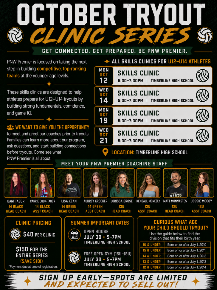 October Tryout Clinic Series flyer with dates, skill clinics, coaches, and registration details on orange-black background