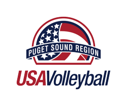 USA Volleyball logo with a Puget Sound Region emblem in red, white, blue and navy text