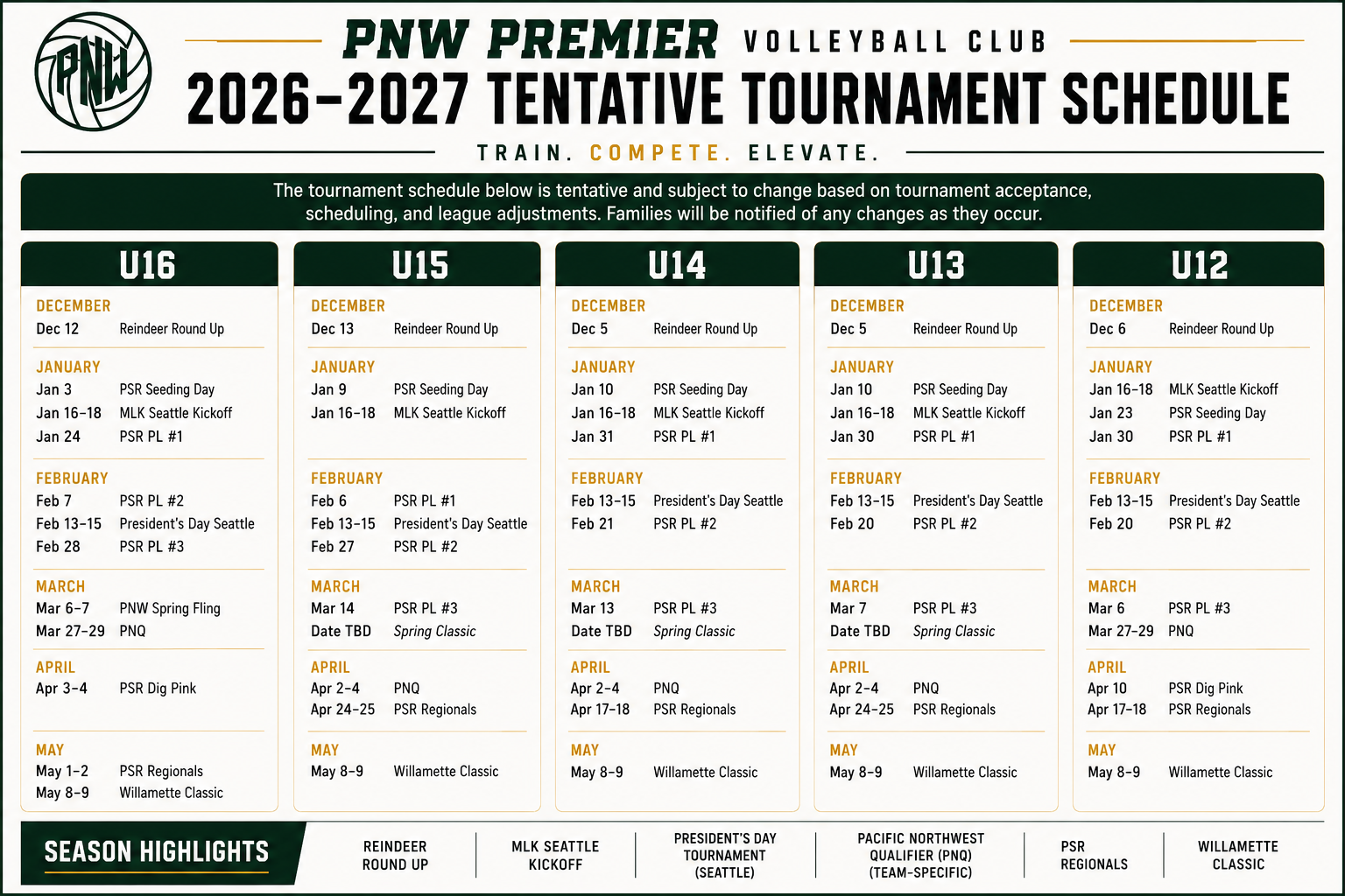 PNW Premier Baseball Club 2026-2027 tentative tournament schedule poster with team age divisions and dates