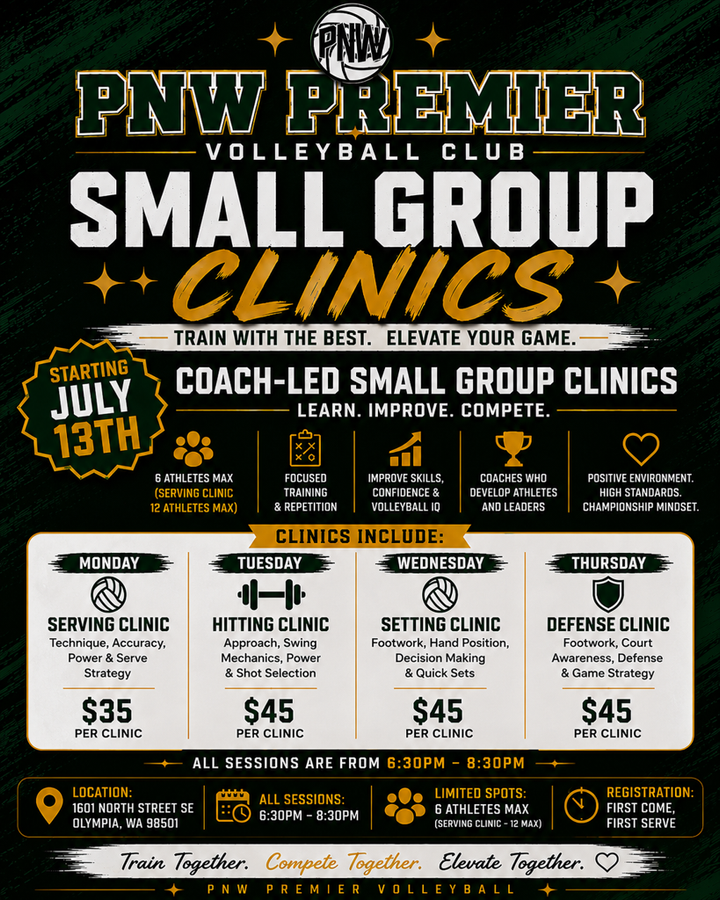 Penn Premier Volleyball Club small group clinic flyer with black, gold and white text and four clinic options