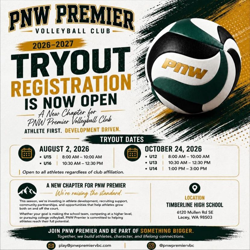 PNW Premier Volleyball Club tryout registration flyer in black, gold, and white for 2026–2027 season