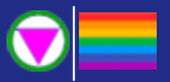 A pink triangle in a green circle next to a rainbow flag - LGBTQ+ friendly