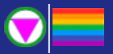 A pink triangle in a green circle next to a rainbow flag - LGBTQ+ friendly