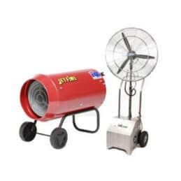 A Red Heater and a Fan Are Sitting Next to Each Other on a White Background — Hamblin Hire in Albury, NSW