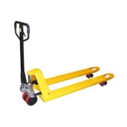A Yellow Pallet Truck With a Black Handle and Red Wheels on a White Background — Hamblin Hire in Albury, NSW