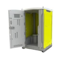A Yellow and Gray Portable Toilet With the Door Open — Hamblin Hire in Albury, NSW