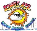Simple Air Swamp Cooler Services logo: cartoon sun wearing sunglasses exhaling cloud vapor.