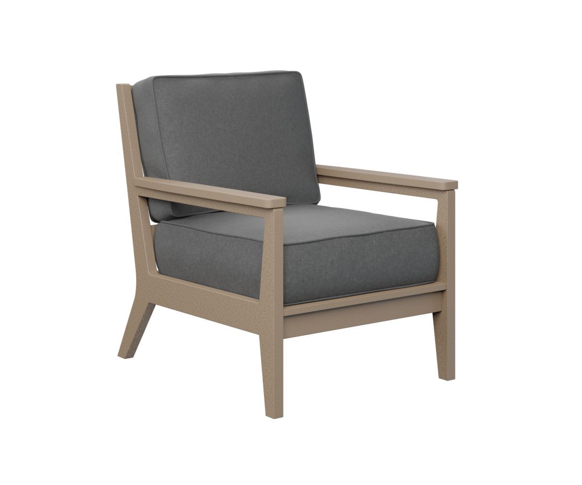 A wooden chair with a gray cushion on a white background.
