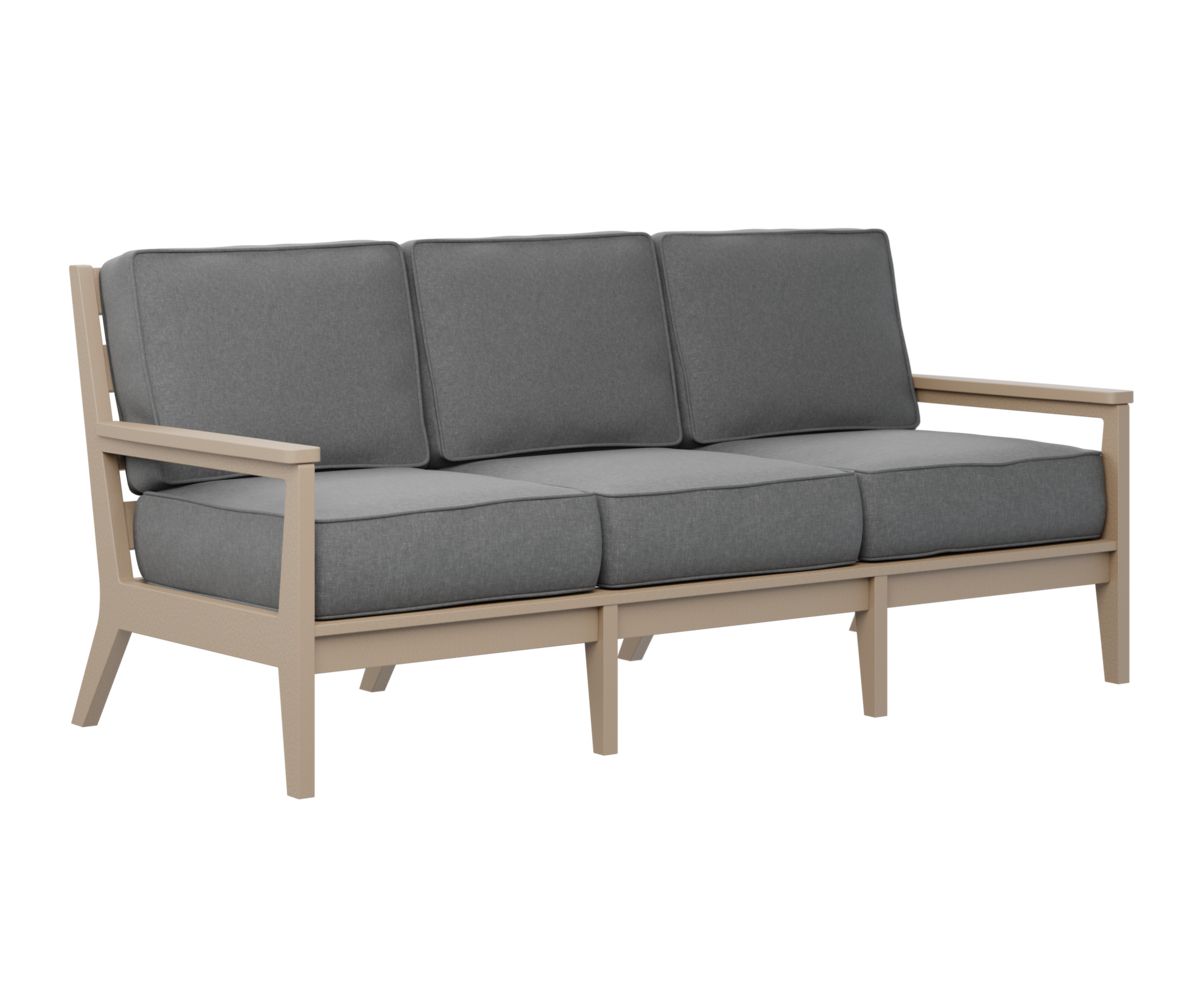 A wooden couch with gray cushions on a white background.