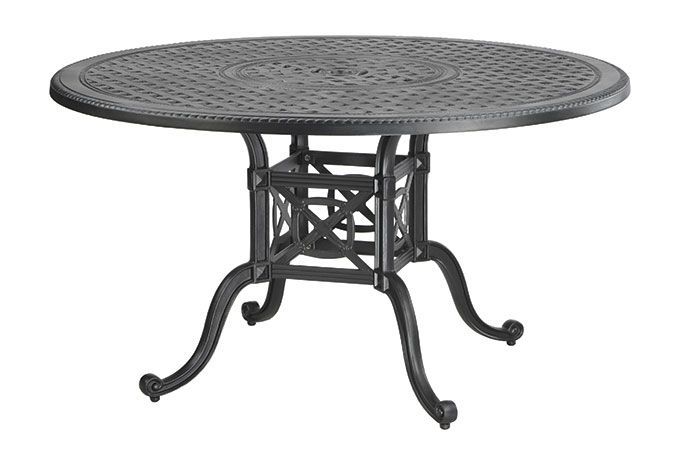 A black patio table with a round top on a white background.