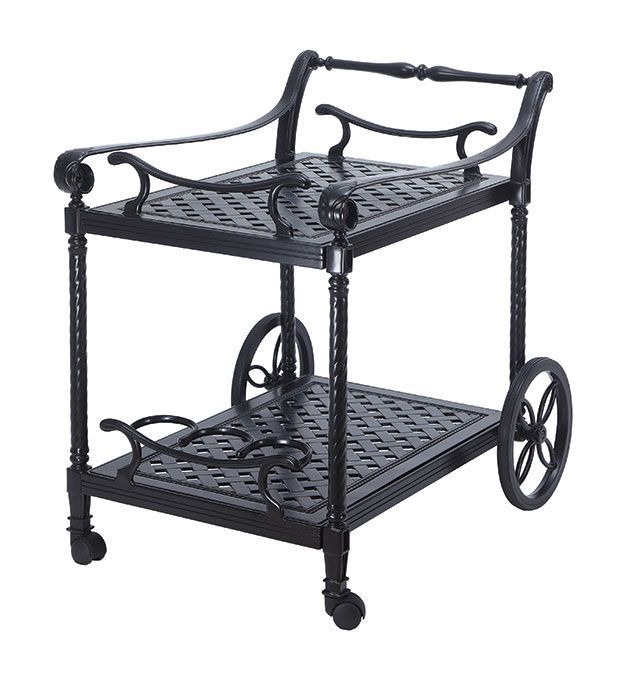 A black bar cart with two shelves and wheels on a white background.