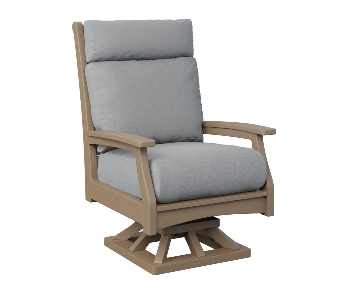 A wooden chair with a grey cushion on a white background.