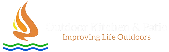 A logo for outdoor kitchen and patio improving life outdoors