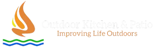 A logo for outdoor kitchen and patio improving life outdoors