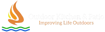 A logo for outdoor kitchen and patio improving life outdoors