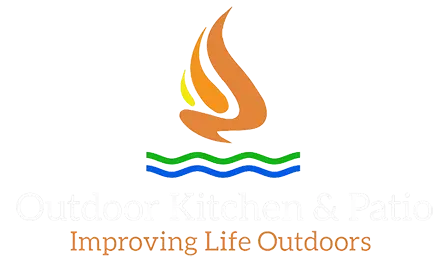 A logo for outdoor kitchen and patio improving life outdoors
