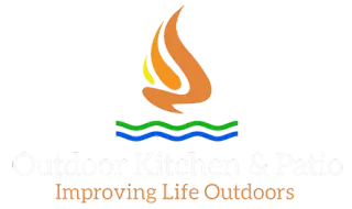 A logo for outdoor kitchen and patio improving life outdoors