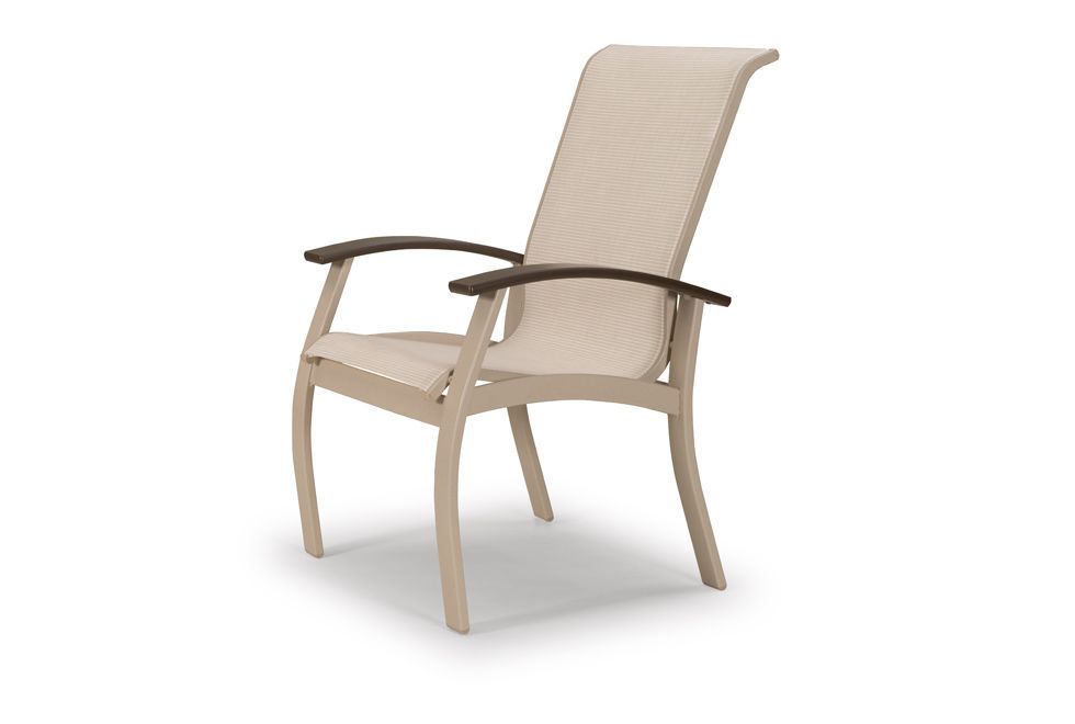 A beige chair with wooden arm rests on a white background.