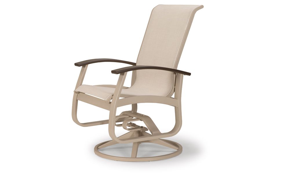 A beige rocking chair with brown arm rests on a white background.