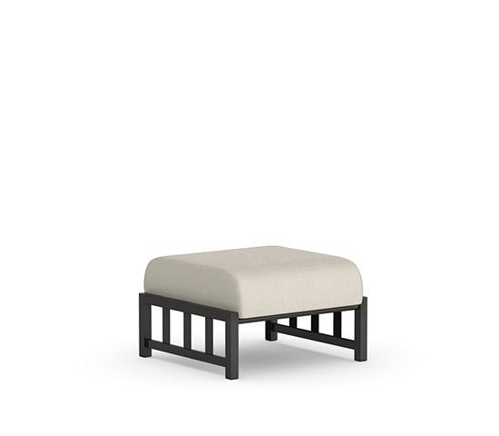 A small white ottoman with a black frame on a white background.