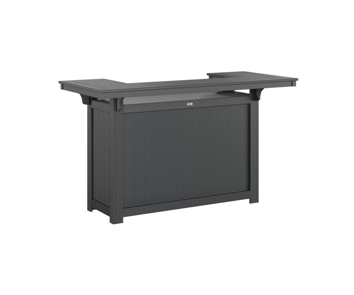 A gray wooden bar with a metal top on a white background.