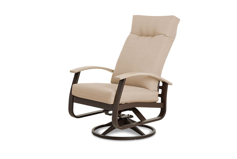 A beige rocking chair with a brown frame on a white background.