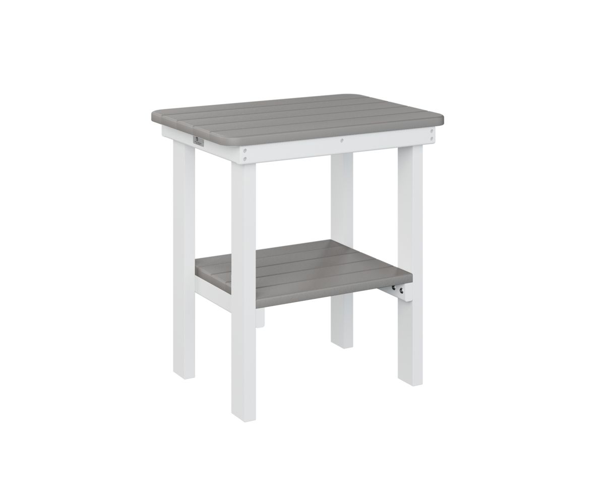 A small table with a shelf underneath it on a white background.