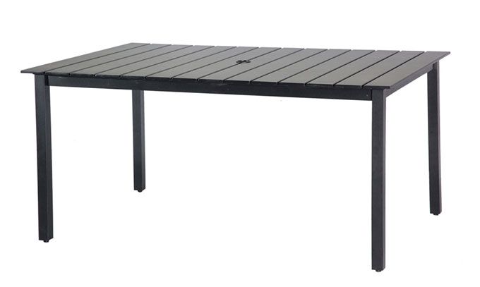A black patio table with a umbrella attached to it on a white background.