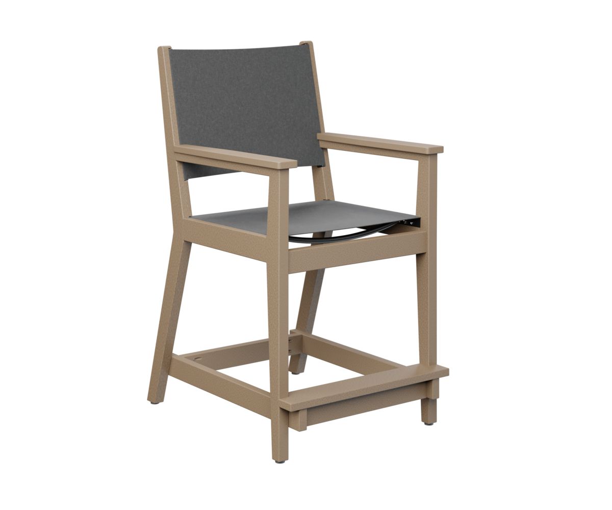 A wooden chair with a gray cushion on a white background.