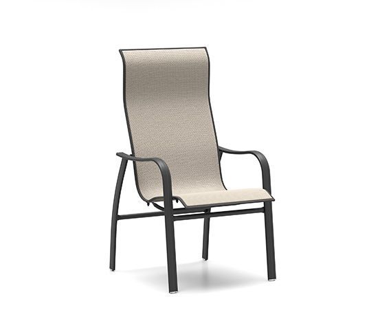 A chair with a high back and arm rests on a white background