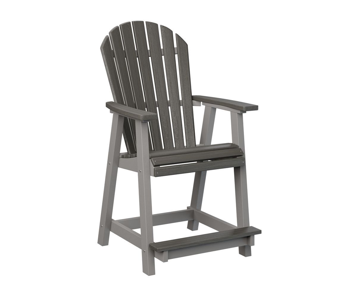 A gray adirondack chair on a white background.